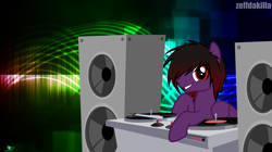 Size: 4435x2477 | Tagged: safe, artist:zeffdakilla, derpibooru import, oc, oc only, oc:frankie fang, pegasus, pony, abstract background, dj booth, emo, looking at you, raised hoof, raised leg, record, scene, scene kid, smiling, smiling at you, solo, speaker, turntable