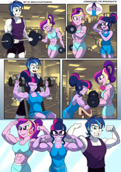 Size: 1920x2716 | Tagged: safe, artist:dncsamsonart, derpibooru import, dean cadance, princess cadance, sci-twi, shining armor, twilight sparkle, human, equestria girls, abs, alumnus shining armor, biceps, brother and sister, clothes, dean ca-dense, dumbbell (object), family, female, flexing, glasses, grin, gritted teeth, gym, male, midriff, muscles, muscular female, muscular male, sci-twi muscle, shorts, siblings, smiling, sports bra, sports shorts, sweat, swelling armor, teeth, twilight muscle, vein bulge, weights, workout, workout outfit