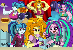 Size: 1920x1334 | Tagged: safe, artist:dncsamsonart, derpibooru import, adagio dazzle, aria blaze, sonata dusk, human, equestria girls, abs, acardio dazzle, aria brute, aria buff, biceps, bodybuilder, bodybuilding contest, clothes, dumbbell (object), female, flexing, food, grin, imagine spot, medal, muscles, muscular female, open mouth, open smile, plate, smiling, strong, swolenata dusk, taco, thought bubble, weights, workout outfit