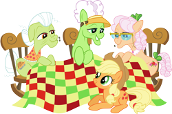 Size: 4551x3000 | Tagged: safe, artist:cloudyglow, derpibooru import, apple rose, applejack, auntie applesauce, granny smith, earth pony, pony, apple family reunion, cowboy hat, elderly, female, glasses, hat, high res, mare, rocking chair, simple background, stetson, transparent background, vector
