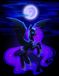 Size: 1699x2168 | Tagged: safe, artist:nintheclipse, derpibooru import, nightmare moon, alicorn, pony, bat wings, blue eyes, blue mane, blue tail, crepuscular rays, digital art, ear fluff, ears, eyeshadow, fangs, feather, female, flowing mane, flowing tail, flying, grin, helmet, high res, hoof shoes, horn, hybrid wings, lidded eyes, looking at you, makeup, mare, moon, moonlight, night, night sky, nightmare night, peytral, signature, sky, smiling, smiling at you, solo, spread wings, stars, tail, teeth, watermark, wings