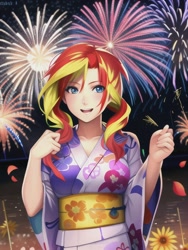 Size: 512x682 | Tagged: safe, derpibooru import, editor:sammykun, generator:novelai, generator:stable diffusion, machine learning generated, sunset shimmer, human, anime style, beautiful, clothes, fireworks, flower, happy new year, holiday, humanized, japanese, kimono (clothing), looking at you, night, yukata