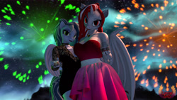 Size: 7680x4320 | Tagged: safe, artist:loveslove, derpibooru import, oc, oc only, oc:lovers, oc:skye light, anthro, bat pony, hybrid, pegasus, unicorn, 3d, absurd file size, absurd resolution, bat ears, bat pony oc, bat pony unicorn, bat wings, black dress, black lipstick, blurry background, breasts, busty oc, clothes, dress, duo, duo female, female, fireworks, folded wings, glass, happy new year, happy new year 2023, holiday, horn, jewelry, lipstick, looking at you, nail polish, necklace, night, night sky, pegasus oc, sky, smiling, smiling at you, strapless dress, tail, wings