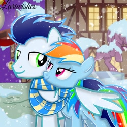 Size: 1300x1300 | Tagged: safe, artist:mlplary6, derpibooru import, rainbow dash, soarin', pegasus, pony, clothes, female, hug, looking at each other, looking at someone, love, male, mare, scarf, shared clothing, shared scarf, shipping, smiling, smiling at each other, snow, snowfall, soarindash, stallion, straight, striped scarf, winghug, wings