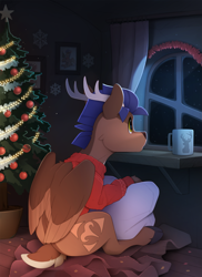 Size: 1743x2400 | Tagged: safe, artist:yakovlev-vad, derpibooru import, oc, oc only, oc:arny, deer, deer pony, original species, peryton, christmas, christmas tree, holiday, pillow, solo, tree, window