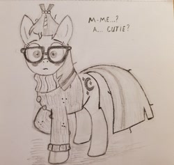 Size: 1280x1213 | Tagged: safe, anonymous artist, derpibooru import, moondancer, pony, unicorn, blushing, clothes, cute, glasses, sweater, traditional art