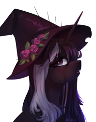 Size: 1900x2400 | Tagged: safe, artist:anku, derpibooru import, oc, pony, unicorn, bust, clothes, female, hat, horn, mare, open mouth, portrait, scarf, simple background, unicorn oc, white background, witch hat