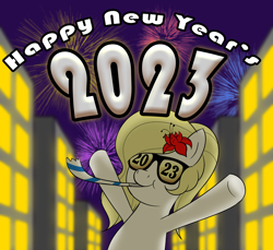 Size: 4000x3670 | Tagged: safe, artist:trash anon, oc, oc only, oc:epithumia, earth pony, 2023, blonde, blonde mane, celebration, earth pony oc, female, fireworks, flower, flower in hair, glasses, new year, party, solo