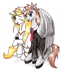 Size: 2013x2366 | Tagged: safe, artist:40kponyguy, derpibooru exclusive, derpibooru import, oc, oc:jezza, oc:tecuro, pegasus, pony, unicorn, clothes, crown, derpibooru community collaboration, dress, duo, ear fluff, ears, female, horn, hug, jacket, jewelry, looking at each other, looking at someone, male, mare, necktie, pegasus oc, raised hoof, raised leg, regalia, simple background, stallion, tiara, traditional art, unicorn oc, unshorn fetlocks, wedding dress, white background