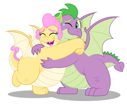 Size: 1280x1067 | Tagged: safe, artist:aleximusprime, derpibooru import, spike, oc, oc:buttercream the dragon, dragon, fanfic:go north young dragon, flurry heart's story, aleximusprime is trying to murder us, brother and sister, crying, dragon oc, dragoness, duo, duo male and female, eyes closed, fangs, fat, fat spike, female, hug, male, non-pony oc, older, older spike, one eye closed, open mouth, open smile, reunion, siblings, simple background, smiling, spread wings, standing, standing on one leg, tears of joy, transparent background, wholesome, wings