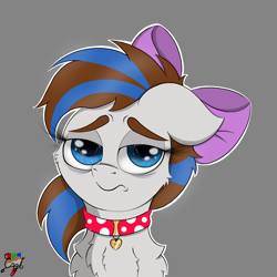 Size: 4200x4200 | Tagged: safe, artist:engi, derpibooru import, oc, oc only, oc:breezy, earth pony, pony, bow, chest fluff, collar, earth pony oc, eyebrows, female, gray background, hair bow, looking at you, outline, sad, simple background, solo, white outline