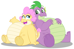 Size: 1280x839 | Tagged: safe, artist:aleximusprime, derpibooru import, spike, oc, oc:buttercream the dragon, dragon, fanfic:go north young dragon, flurry heart's story, belly, big belly, brother and sister, dragon oc, dragoness, duo, duo male and female, fangs, fat, fat spike, female, looking at each other, looking at someone, male, non-pony oc, older, older spike, open mouth, open smile, siblings, simple background, sitting, smiling, transparent background