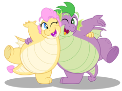 Size: 1280x951 | Tagged: safe, artist:aleximusprime, derpibooru import, spike, oc, oc:buttercream the dragon, dragon, fanfic:go north young dragon, flurry heart's story, brother and sister, dragon oc, dragoness, duo, duo male and female, fangs, fat, fat spike, female, hug, looking at each other, looking at someone, male, non-pony oc, older, older spike, open mouth, open smile, siblings, simple background, smiling, standing, standing on one leg, transparent background