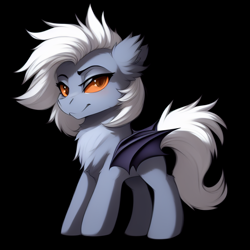 Size: 768x768 | Tagged: safe, derpibooru import, editor:mr-bat, generator:purplesmart.ai, generator:stable diffusion, machine learning generated, oc, oc only, oc:circadian bedside, bat pony, pony, bat pony oc, black background, chest fluff, ear fluff, ears, folded wings, male, simple background, solo, wings