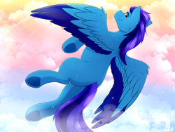 Size: 4000x3000 | Tagged: safe, artist:monsoonvisionz, derpibooru import, oc, oc only, pegasus, pony, blue, blue coat, blue wings, butt, cheek fluff, cloud, colored wings, ear fluff, ears, flying, motion lines, pegasus oc, plot, short mane, sky, solo, spread wings, sternocleidomastoid, two toned wings, underhoof, wing fluff, wings