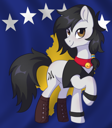 Size: 1266x1444 | Tagged: safe, artist:skysorbett, derpibooru import, oc, oc only, oc:double m, earth pony, pony, bell, bell collar, black mane, black tail, boots, brown eyes, clothes, collar, earth pony oc, flag, jacket, kosovan flag, kosovo, looking at you, male, shoes, smiling, smiling at you, solo, stallion, tail, white coat