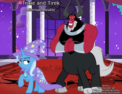 Size: 1000x766 | Tagged: safe, artist:voiceactorbobbyg25, derpibooru import, lord tirek, trixie, centaur, pony, taur, unicorn, alternate universe, bracer, cape, clothes, cloven hooves, colored hooves, duo, female, hat, male, mare, nose piercing, nose ring, piercing