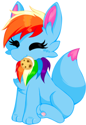 Size: 820x1200 | Tagged: safe, artist:rainbow eevee, derpibooru import, oc, oc only, oc:rainbow eevee, pony, 2023 community collab, cheek fluff, chest fluff, colorful, cookie, cute, derpibooru community collaboration, eating, eevee, eyelashes, eyes closed, female, food, ice cream, mouth hold, multicolored hair, nom, paw pads, paws, pokémon, rainbow hair, simple background, sitting, solo, transparent background, underpaw, vector