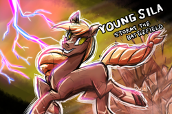 Size: 1800x1200 | Tagged: safe, artist:redahfuhrerking, derpibooru import, oc, oc only, oc:sila, horse, them's fightin' herds, community related, eye clipping through hair, eyebrows, eyebrows visible through hair, female, grin, lightning, looking at you, smiling, smiling at you, solo, younger