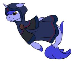 Size: 1408x1152 | Tagged: safe, artist:multiverseequine, derpibooru exclusive, derpibooru import, oc, oc only, oc:gammaxai, pony, seapony (g4), unicorn, brown eyes, clothes, fins, fish tail, full body, hood, horn, male, order of the arrow, robe, seapony oc, simple background, solo, stallion, swimming, tail, transparent background, unicorn oc