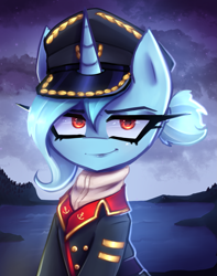 Size: 2161x2745 | Tagged: safe, artist:opal_radiance, derpibooru import, oc, oc only, pony, unicorn, clothes, eaw, eyebrows, female, hat, high res, horn, karina, looking at you, mare, military uniform, smiling, smiling at you, smirk, solo, staliongrad, unicorn oc, uniform, unnamed oc