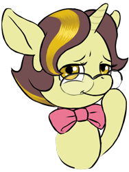 Size: 540x720 | Tagged: safe, artist:multiverseequine, derpibooru exclusive, derpibooru import, oc, oc only, oc:golden trim, pony, unicorn, boop, bowtie, bust, colt, cute, foal, glasses, golden eyes, horn, male, multicolored hair, pink bow, self-boop, simple background, smug, solo, transparent background, unicorn oc
