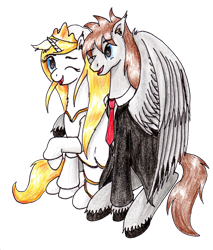 Size: 2013x2366 | Tagged: safe, artist:40kponyguy, derpibooru exclusive, derpibooru import, oc, oc only, oc:jezza, oc:tecuro, pegasus, pony, unicorn, 2023 community collab, clothes, derpibooru community collaboration, dress, ear fluff, ears, female, horn, hug, jacket, jewelry, looking at each other, looking at someone, male, mare, necktie, open mouth, open smile, pegasus oc, raised hoof, raised leg, simple background, smiling, stallion, tiara, traditional art, transparent background, unicorn oc, unshorn fetlocks, wedding dress