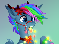 Size: 7559x5669 | Tagged: safe, alternate version, artist:buvanybu, derpibooru import, oc, oc only, oc:fauli, oc:fauli1221, bat pony, pony, antlers, bow, bridle, christmas, christmas lights, fangs, holiday, open mouth, reindeer antlers, simple background, solo, tack, this will end in death, this will end in electrocution, this will not end well, tongue, tongue out, too dumb to live