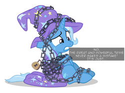 Size: 6400x4781 | Tagged: safe, artist:gypsykumquat, derpibooru import, trixie, pony, unicorn, comic:trixie tied up with chain, uncommon bond, bondage, cape, chained, chains, clothes, female, gritted teeth, hat, inkscape, lock, padlock, simple background, solo, sweat, sweatdrop, talking to viewer, teeth, text, transparent background, trixie's cape, trixie's hat, vector