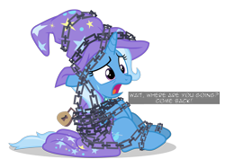 Size: 6400x4781 | Tagged: safe, artist:gypsykumquat, derpibooru import, trixie, comic:trixie tied up with chain, uncommon bond, bondage, cape, chained, chains, clothes, female, hat, inkscape, lock, open mouth, padlock, simple background, solo, sweat, sweatdrop, talking to viewer, text, transparent background, trixie's cape, trixie's hat, vector
