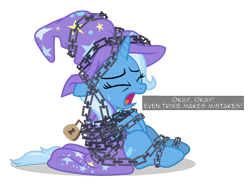 Size: 6400x4781 | Tagged: safe, artist:gypsykumquat, derpibooru import, trixie, pony, unicorn, comic:trixie tied up with chain, uncommon bond, bondage, cape, chained, chains, clothes, eyes closed, female, hat, inkscape, lock, open mouth, padlock, simple background, solo, sweat, sweatdrop, talking to viewer, text, transparent background, trixie's cape, trixie's hat, vector