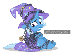 Size: 6400x4781 | Tagged: safe, artist:gypsykumquat, derpibooru import, trixie, pony, unicorn, comic:trixie tied up with chain, uncommon bond, bondage, cape, chained, chains, clothes, embarrassed, female, gritted teeth, hat, inkscape, lock, padlock, simple background, solo, sweat, sweatdrop, talking to viewer, teeth, text, transparent background, trixie's cape, trixie's hat, vector