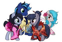 Size: 3843x2600 | Tagged: safe, artist:pandan009, derpibooru exclusive, derpibooru import, oc, oc only, oc:haisuu gaku, oc:sweet elis, oc:the luna fan, oc:yasei urami, earth pony, pegasus, unicorn, 2023 community collab, blushing, clothes, derpibooru community collaboration, earth pony oc, flower, high res, horn, kimono (clothing), looking at each other, looking at someone, pegasus oc, ribbon, show accurate, simple background, smiling, transparent background, unicorn oc