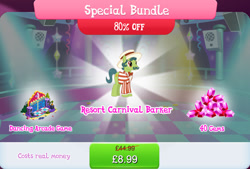 Size: 1267x854 | Tagged: safe, derpibooru import, earth pony, pony, background character, background pony, bowtie, bundle, bush, clothes, costs real money, dance dance revolution, english, facial hair, gameloft, gem, hat, male, mobile game, moustache, my little pony: magic princess, numbers, official, sale, sideshow slim, solo, solo focus, speaker, stallion, text