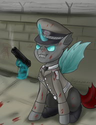 Size: 783x1021 | Tagged: safe, artist:kirieshka, derpibooru import, oc, oc only, oc:mader, changeling, berlin wall, clothes, cold war, east germany, gdr, german, gun, hat, male, military uniform, nva, ostdeutschland, peaked cap, sitting, solo, uniform, wall, weapon