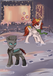 Size: 2480x3508 | Tagged: safe, artist:kirieshka, derpibooru import, oc, oc:fire ray, oc:mader, alicorn, changeling, pony, clothes, duo, duo male, hat, male, scarf, smiling, snow, snowball, uniform, ushanka, winter