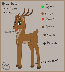 Size: 3200x3527 | Tagged: safe, artist:maître cervidé, derpibooru import, oc, oc:renn, deer, antlers, green eyes, male, pale belly, reference sheet, simple background, solo