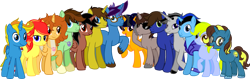 Size: 3775x1200 | Tagged: safe, artist:crisostomo-ibarra, derpibooru import, oc, oc only, oc:aspen, oc:author penfeather, oc:bright idea, oc:chaud starpower, oc:connie the casanova, oc:cyber gamer, oc:jessica pedley, oc:midnight shadows, oc:paint sketch, oc:princess fantasy star, oc:radiant sword, oc:ryan, oc:silvermane, oc:summer sketch, alicorn, earth pony, pegasus, pony, unicorn, 2023 community collab, alicorn oc, derpibooru community collaboration, earth pony oc, female, folded wings, freckles, glasses, grin, group, high res, hooves, horn, jewelry, looking at you, male, mare, necklace, peace symbol, pegasus oc, raised hoof, raised leg, simple background, smiling, smiling at you, stallion, standing, transparent background, two toned mane, unicorn oc, unshorn fetlocks, wall of tags, watch, wings