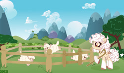 Size: 1920x1134 | Tagged: safe, artist:dianamur, derpibooru import, oc, oc only, earth pony, pony, sheep, female, fence, mare, scenery, solo, tree