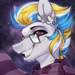 Size: 1500x1500 | Tagged: safe, artist:trickate, derpibooru import, oc, oc only, oc:alan, pegasus, pony, clothes, facial hair, glasses, icon, scarf, solo, striped scarf