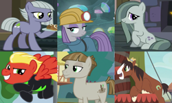 Size: 2559x1536 | Tagged: safe, derpibooru import, edit, edited screencap, screencap, limestone pie, marble pie, maud pie, mudbriar, short fuse, trouble shoes, earth pony, pegasus, pony, appleoosa's most wanted, hearthbreakers, rock solid friendship, the maud couple, the washouts (episode), barrel, clothes, cropped, dress, excited, female, hat, helmet, limefuse, male, marbleshoes, mare, maudbriar, mining helmet, pie sisters, shipping, shipping domino, siblings, sisters, smiling, stallion, stone bread, straight, sweet bun, sweet roll, uniform, washouts uniform