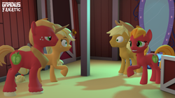 Size: 3413x1920 | Tagged: safe, artist:gradiusfanatic, derpibooru import, applejack, applejack (male), big macintosh, macareina, earth pony, pony, 3d, female, grin, looking at each other, looking at someone, male, nervous, nervous grin, r63 paradox, rule 63, self paradox, self ponidox, smiling, source filmmaker, wide eyes