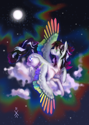 Size: 3508x4960 | Tagged: safe, artist:kisullkaart, derpibooru import, earth pony, pegasus, pony, unicorn, spoiler:pony life, cloud, colored wings, commission, commissions open, lightly watermarked, long tail, moon, multicolored wings, on a cloud, rainbow wings, slim, spread wings, starry night, starry sky, stars, sternocleidomastoid, tail, thin, watermark, wings