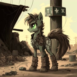 Size: 4096x4096 | Tagged: safe, derpibooru import, edit, generator:midjourney, machine learning generated, oc, pony, unicorn, fallout equestria, boots, brown hair, brown mane, clothes, dirty, fallout, green body, green eyes, horn, post-apocalyptic, shoes, unicorn oc, vest, wasteland