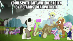 Size: 1024x572 | Tagged: safe, derpibooru import, edit, edited screencap, screencap, derpy hooves, meadow song, medallion gold, merry may, rarity, rosetta, earth pony, pegasus, pony, unicorn, season 6, the cart before the ponies, background pony, bipedal, blue lily, caption, cart, cloud, confetti, cute, derpabetes, discovery family, discovery family logo, female, filly, filly derpy, filly derpy hooves, filly rarity, foal, image macro, impact font, jealous, lightning, logo, male, mare, offensive, op is a cuck, op is trying to start shit, rain, raincloud, ribbon, sad, sadorable, stallion, text, the worst possible thing, vulgar, younger