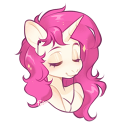 Size: 1481x1481 | Tagged: safe, artist:fedos, derpibooru import, oc, oc only, oc:bubblegum kiss, pony, unicorn, bust, earbuds, eyes closed, female, mare, simple background, smiling, solo, sparkles, white background