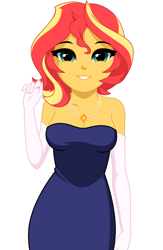 Size: 754x1158 | Tagged: safe, artist:rosemile mulberry, derpibooru import, sunset shimmer, human, equestria girls, bare shoulders, breasts, cleavage, clothes, dress, evening gloves, female, gloves, jewelry, long gloves, looking at you, necklace, raised hand, simple background, sleeveless, solo, strapless, white background