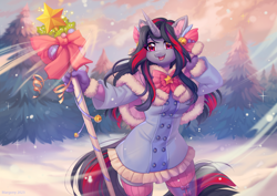 Size: 1982x1400 | Tagged: safe, artist:margony, derpibooru import, oc, oc only, oc:flydry, anthro, unicorn, anthro oc, arm behind head, bell, clothes, coat, ear fluff, ears, fairy, female, mare, open mouth, open smile, smiling, snow, snowfall, solo, staff, tree, wingding eyes, winter, winter coat