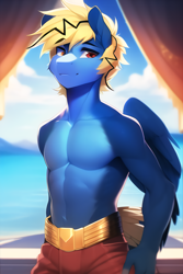 Size: 2048x3072 | Tagged: safe, derpibooru import, machine learning generated, oc, oc only, oc:thunder lightning, anthro, pegasus, beach, clothes, male, nudity, partial nudity, solo, topless