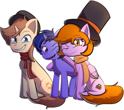 Size: 1793x1585 | Tagged: safe, artist:ermecg, artist:harukiicat, derpibooru exclusive, derpibooru import, oc, oc only, oc:andromeda, oc:bon voyage, oc:harry cog, pegasus, pony, unicorn, collaboration, 2023 community collab, clothes, cutie mark, derpibooru community collaboration, female, folded wings, grin, hat, horn, looking at you, male, open mouth, pegasus oc, scarf, simple background, sitting, smiling, transparent background, trio, unicorn oc, wings